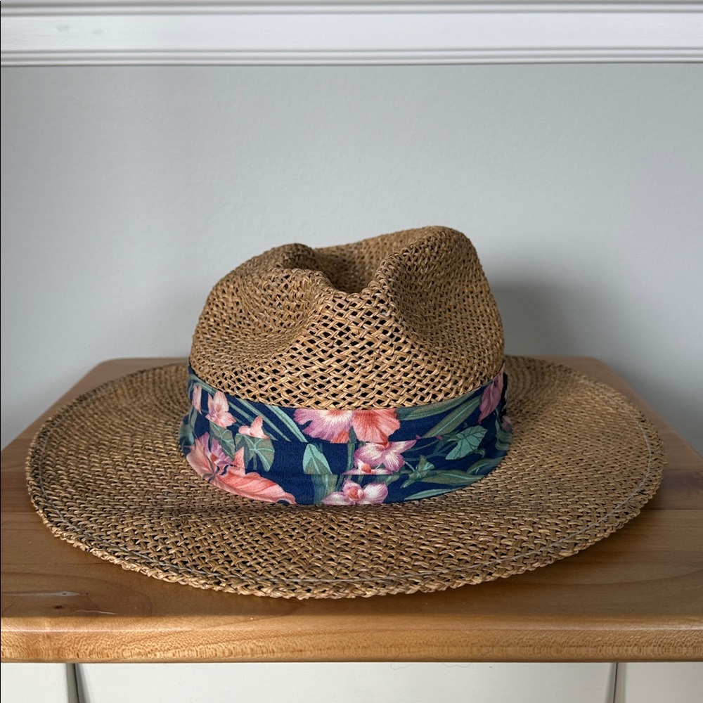 Vintage Original Panama Jack Woven Straw Hat w/ Blue Floral Fabric on Brim Sz SM
